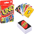 A brightly colored UNO card game box from Mattel, featuring a variety of cards including Wild, Reverse, and +2 cards. The front of the box displays the large, bold title 'UNO' with customizable wild cards mentioned. Several cards are fanned out beside the box, showcasing their vibrant colors and numbers.