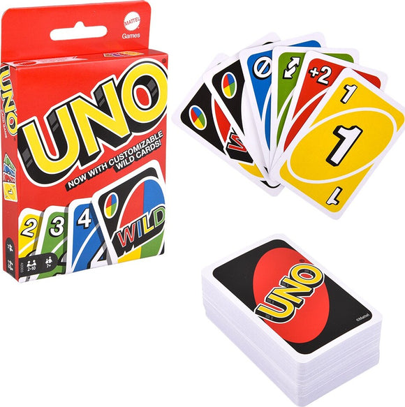 A brightly colored UNO card game box from Mattel, featuring a variety of cards including Wild, Reverse, and +2 cards. The front of the box displays the large, bold title 'UNO' with customizable wild cards mentioned. Several cards are fanned out beside the box, showcasing their vibrant colors and numbers.