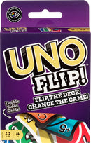 Uno Flip! game packaging featuring vibrant colors and bold typography. The design highlights its double-sided cards and the tagline 'Flip the Deck, Change the Game!' Suitable for 2-10 players ages 7 and up.