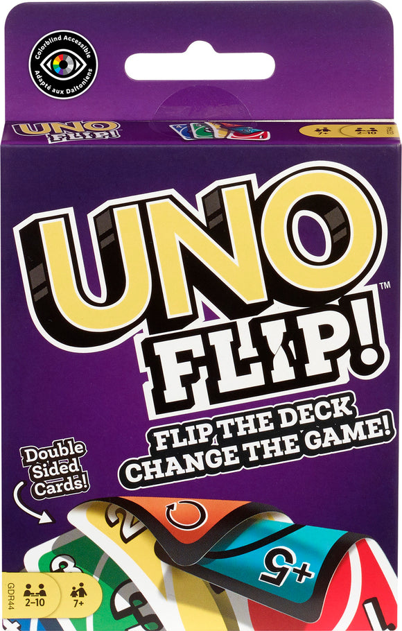 Uno Flip! game packaging featuring vibrant colors and bold typography. The design highlights its double-sided cards and the tagline 'Flip the Deck, Change the Game!' Suitable for 2-10 players ages 7 and up.