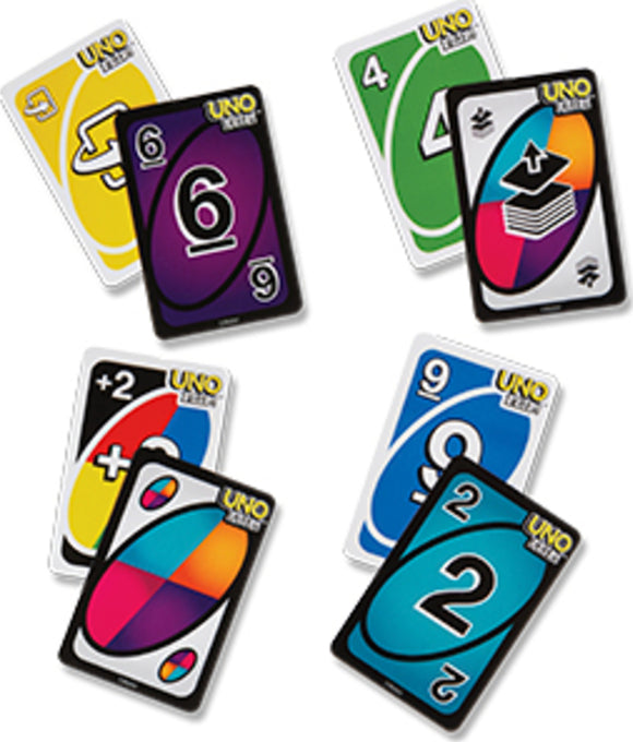 A colorful display of Uno Flip playing cards, featuring various numbers and special action cards like skip and draw. The cards are arranged in a scattered layout showcasing vibrant colors and unique designs.