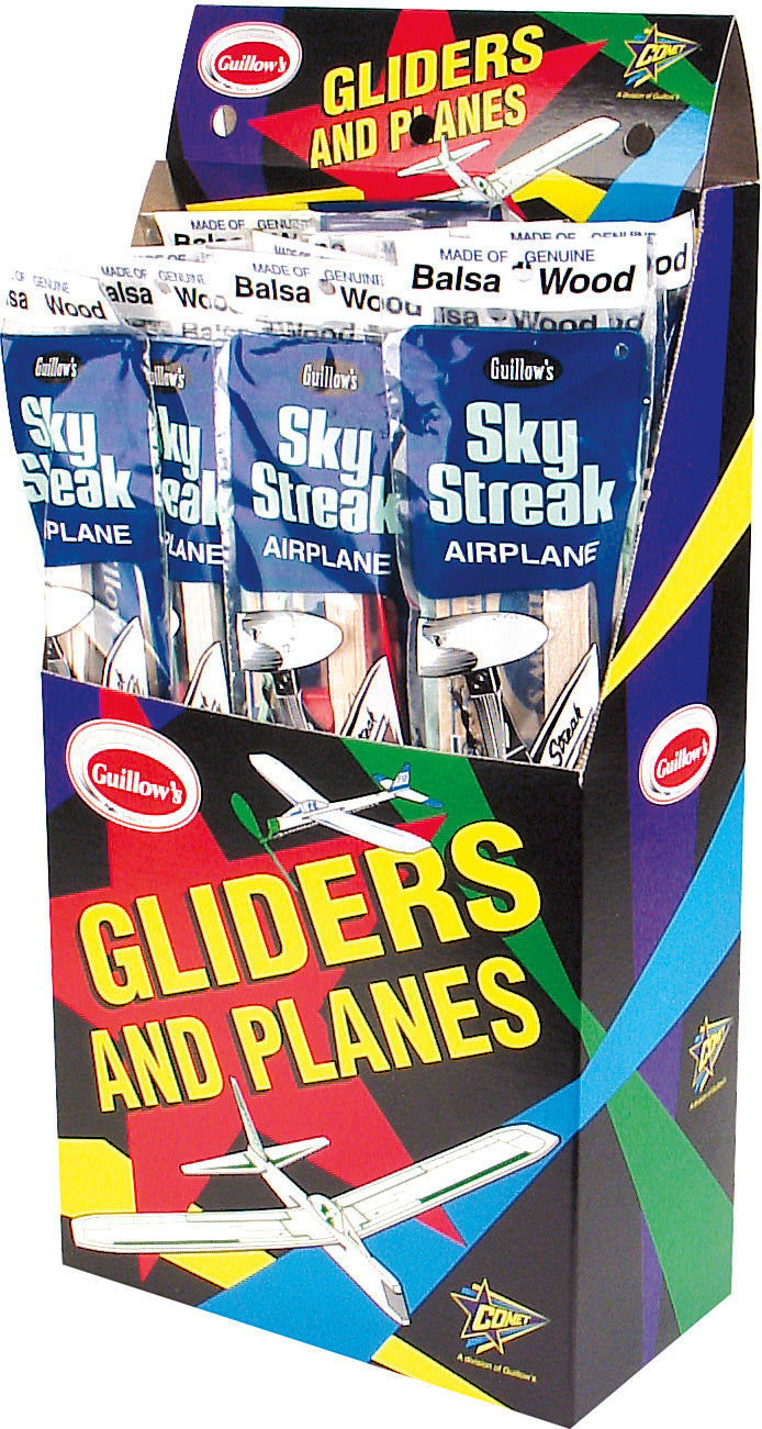 Guillow's Sky Streak glider DIY kit displayed in a colorful box. The package prominently features the text 'Sky Streak Airplane' and highlights that it's made of genuine balsa wood. Ideal for crafting enthusiasts and kids, it showcases a fun, hands-on way to build and fly a model airplane.