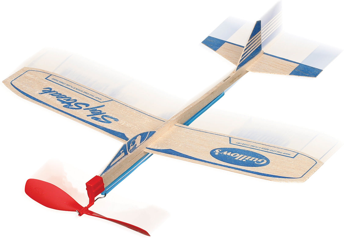 Sky Streak Glider by Guillow's. A lightweight, wooden DIY kit glider with blue stripes and a red propeller, designed for outdoor flight fun.