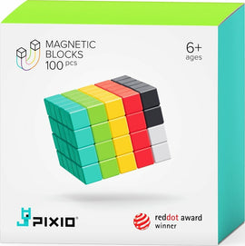 Pixio Design Series 100 Magnetic Blocks DIY kit featuring 100 colorful magnetic pieces arranged in a cube shape. Suitable for ages 6 and up. Promotes creativity and fine motor skills.
