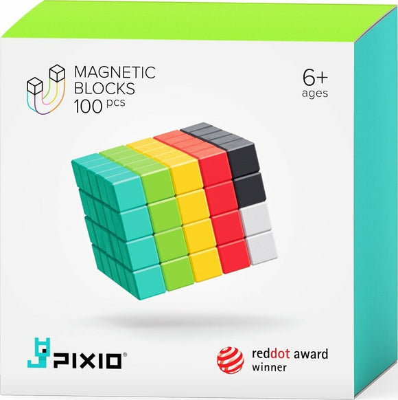 Pixio Design Series 100 Magnetic Blocks DIY kit featuring 100 colorful magnetic pieces arranged in a cube shape. Suitable for ages 6 and up. Promotes creativity and fine motor skills.