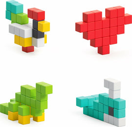 Pixio Design Series 100 is a DIY kit featuring colorful 3D building blocks in various shapes, including a chicken, a heart, a dinosaur, and a boat. Each design showcases creativity and is perfect for hands-on activities, stimulating imagination and fine motor skills.