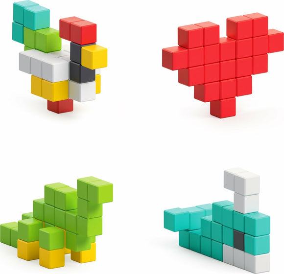 Pixio Design Series 100 is a DIY kit featuring colorful 3D building blocks in various shapes, including a chicken, a heart, a dinosaur, and a boat. Each design showcases creativity and is perfect for hands-on activities, stimulating imagination and fine motor skills.
