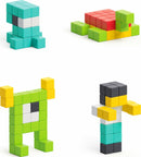 Pixio Design Series 100 DIY kit featuring colorful building blocks in various shapes, including characters and figures. Ideal for creative construction and imaginative play.
