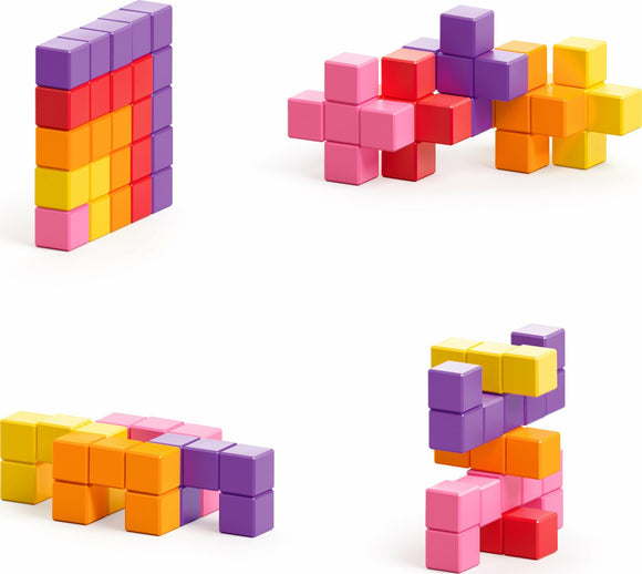 Abstract Pixoplasma is a colorful DIY kit featuring interlocking cubes in various shapes and vibrant colors including pink, purple, yellow, orange, and red. The pieces can be assembled into multiple geometric structures, providing a creative and engaging building experience.