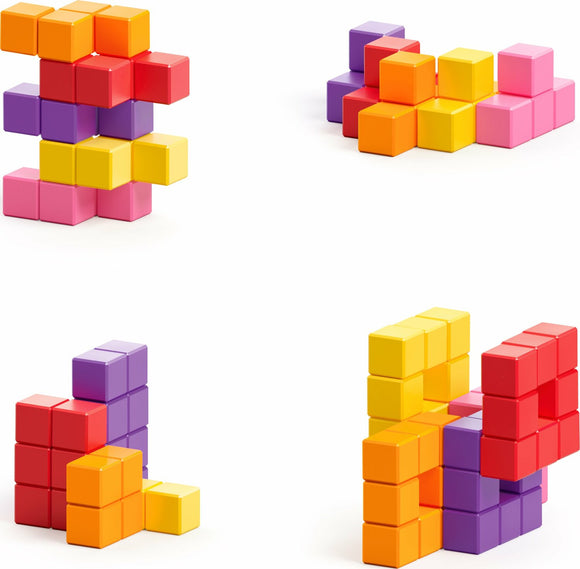 An assortment of colorful interlocking plastic blocks arranged in various 3D structures. The blocks feature vibrant colors like red, yellow, purple, and pink, encouraging creativity and engaging spatial reasoning. Ideal for building and imaginative play.