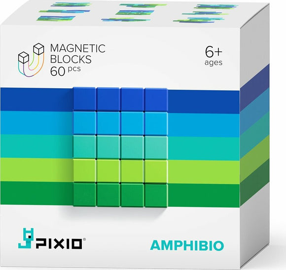 Pixio Abstract Amphibio 60-piece magnetic blocks set. The packaging features a colorful design showcasing various shades of blue and green across the box. Ideal for creative building and play for ages 6 and up.