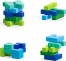 The Abstract Amphibio by Pixio is a colorful DIY kit featuring interlocking cubes in shades of blue and green. Various configurations are displayed, inviting creativity and hands-on exploration.