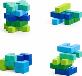 The Abstract Amphibio by Pixio is a colorful DIY kit featuring interlocking cubes in shades of blue and green. Various configurations are displayed, inviting creativity and hands-on exploration.
