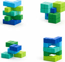The Abstract Amphibio by Pixio features colorful interlocking cubes in various shades of blue and green, arranged in creative three-dimensional structures, showcasing the versatility and imaginative possibilities of the DIY kit.