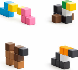 A colorful DIY kit featuring Pixio Surprise Mini Creatures made of interlocking building blocks. The image displays various assembled mini creatures in bright colors such as pink, blue, yellow, brown, and black, showcasing creativity and imaginative play. Each structure, like animals or shapes, emphasizes tactile engagement for both children and adults.