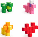 An array of colorful Pixio Surprise Mini Creatures featuring bright green, pink, orange, and red 3D block structures. Each mini creature is built with multiple cubes, showcasing varying shapes and colors, ideal for creative play and DIY building.
