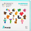 The Pixio Surprise Mini Creatures set features 8-11 colorful magnetic building blocks arranged to create various mini creature designs. The box displays different creatures like animals and flowers, showcasing imaginative possibilities. Ideal for ages 6 and up, this DIY kit encourages creativity and hands-on play.