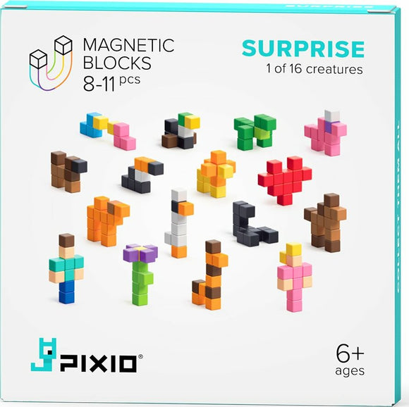 The Pixio Surprise Mini Creatures set features 8-11 colorful magnetic building blocks arranged to create various mini creature designs. The box displays different creatures like animals and flowers, showcasing imaginative possibilities. Ideal for ages 6 and up, this DIY kit encourages creativity and hands-on play.