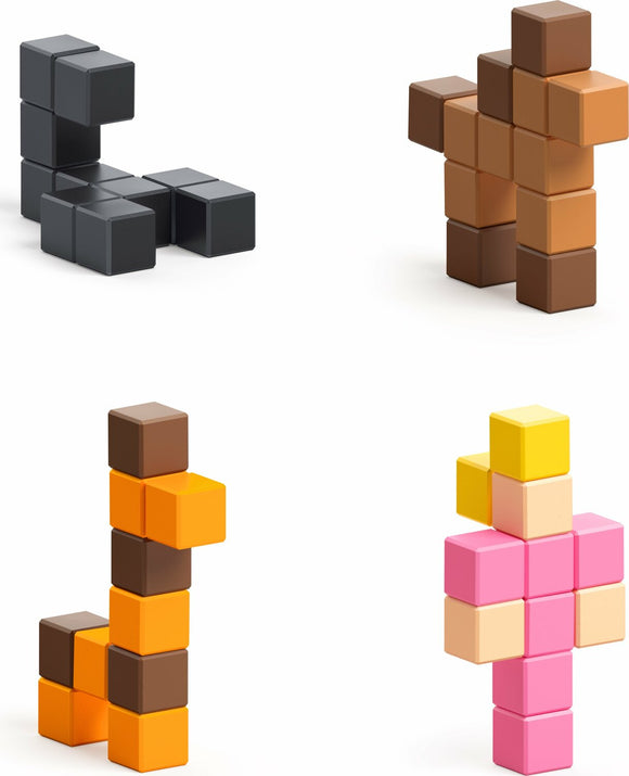 Colorful Pixio Surprise Mini Creatures DIY kit featuring various shapes created from magnetic building blocks. The kit allows for creativity and imaginative play, showcasing different formations such as a dog, a human figure, and abstract designs.