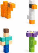 Pixio Surprise Mini Creatures DIY kit features colorful building blocks arranged into various shapes including a deer, a person, and a flower. Each figure showcases unique combinations of orange, white, green, blue, and purple blocks, promoting creativity and imaginative play.