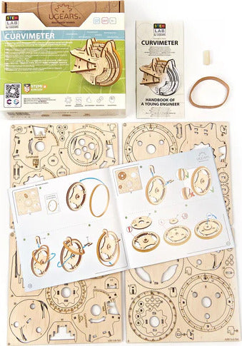 UGears 3D Curvimeter DIY kit showcases intricately detailed wooden pieces laid out with an instructional manual. The kit includes parts for assembling a curvimeter, ideal for budding engineers and creative minds. The packaging features vivid graphics and a user-friendly design, highlighting the fun of hands-on building.