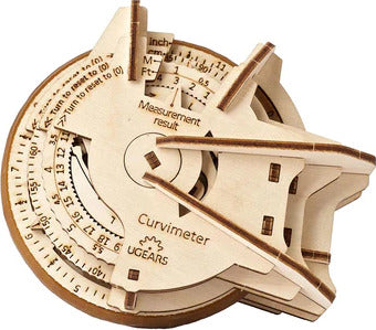 UGears 3D Curvimeter DIY kit featuring a wooden design with measurement scales in inches and feet. The kit includes a rotating mechanism to aid in measuring curves accurately, showing an intricate and precise crafted structure ideal for hobbyists.