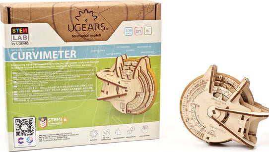 UGears 3D Curvimeter DIY kit featuring a mechanical modeling tool designed for measuring curved lengths. The kit includes intricately-cut wooden components with a natural finish, displayed alongside its packaging. Ideal for STEM education and creative projects.