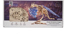 UGears 3D Windstorm Dragon model kit displayed in its packaging. The kit features intricately designed wooden pieces showcasing a dragon with blue wings, gears, and other components. Ideal for DIY enthusiasts, this mechanical model is perfect for educational and creative projects.