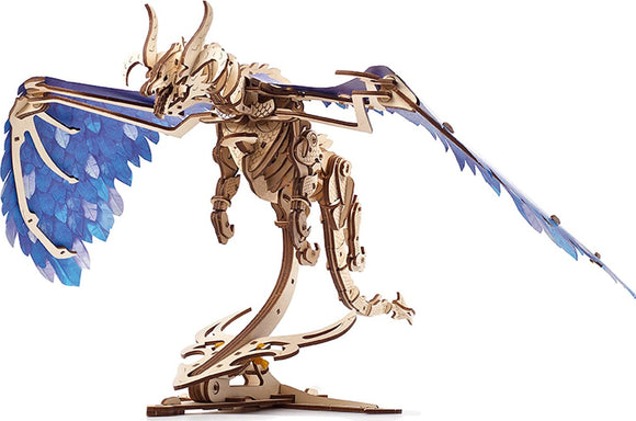 UGears 3D Windstorm Dragon DIY kit featuring an intricately designed wooden dragon with blue translucent wings. This mechanical model can be assembled without glue and showcases a unique design that embodies creativity and craftsmanship.