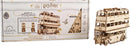 Ugears 3D Knight Bus DIY kit featuring a laser-cut wooden model inspired by Harry Potter. The package displays the bus design and assembly instructions. The completed model showcases the iconic triple-decker bus with intricate details, perfect for fans and hobbyists.