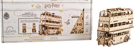 Ugears 3D Knight Bus DIY kit featuring a laser-cut wooden model inspired by Harry Potter. The package displays the bus design and assembly instructions. The completed model showcases the iconic triple-decker bus with intricate details, perfect for fans and hobbyists.