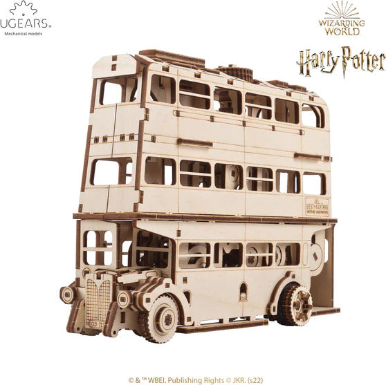 A detailed wooden model of the Knight Bus from Harry Potter, featuring a three-tiered design with open windows and intricate mechanical parts. The bus is showcased in a natural wood finish, emphasizing its DIY assembly style. Perfect for fans of the Wizarding World and mechanical puzzles.