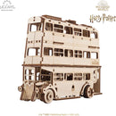 A detailed wooden model of the Knight Bus from Harry Potter, featuring a three-tiered design with open windows and intricate mechanical parts. The bus is showcased in a natural wood finish, emphasizing its DIY assembly style. Perfect for fans of the Wizarding World and mechanical puzzles.