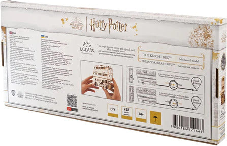 UGears 3D DIY kit featuring the Knight Bus from Harry Potter. The back of the box displays detailed information about the model, including assembly instructions, age recommendations, and product features. Perfect for fans and collectors, this mechanical model kit comes with 268 intricately designed pieces for hands-on creative building.