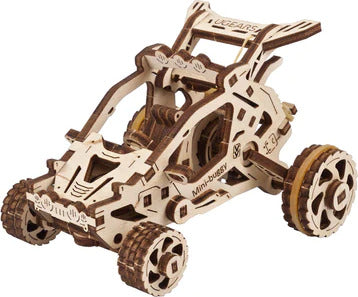 Ugears 3D Mini Desert Buggy DIY kit made from precision-cut wooden pieces. The model features an intricate design with detailed contours, large wheels, and an open frame, perfect for model-building enthusiasts. Ideal for creative activities and enhancing fine motor skills.