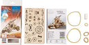 Ugears 3D Mini Desert Buggy DIY kit featuring intricately cut wooden components, rubber bands for mechanical movement, and an assembly instruction guide. This engaging model combines creativity and engineering, perfect for hobbyists and kids alike.