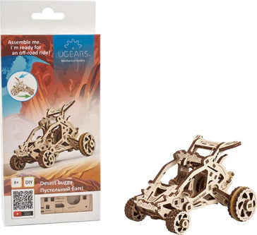 The Ugears 3D Mini Desert Buggy DIY kit showcases a detailed wooden model of an off-road buggy. The model features intricate laser-cut designs, allowing for an engaging assembly experience. It comes packaged in a colorful box with vibrant desert graphics, displaying the buggy ready for an off-road adventure. Suitable for ages 8 and up, this mechanical model offers a fun way to enhance creativity and problem-solving skills.