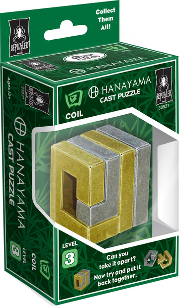 The Hanayama Cast Coil puzzle is designed for ages 12 and up. This mechanical puzzle is a level 3 challenge, featuring interlocking pieces. The packaging highlights its metallic finish in silver and gold tones, with a green backdrop and clear display box. It invites users to take the puzzle apart and reassemble it, providing an engaging and stimulating experience for puzzle lovers.