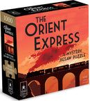 Death on the Istanbul Express jigsaw puzzle box from University Games, featuring a vibrant red sunset background with a silhouette of a train crossing a bridge. The box displays the title prominently, along with puzzle details indicating it's a 1000-piece mystery jigsaw puzzle suitable for ages 15 and up.
