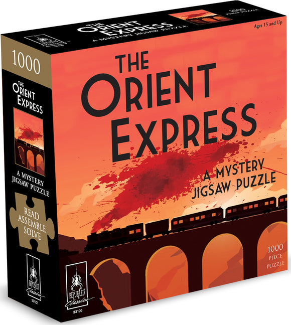 Death on the Istanbul Express jigsaw puzzle box from University Games, featuring a vibrant red sunset background with a silhouette of a train crossing a bridge. The box displays the title prominently, along with puzzle details indicating it's a 1000-piece mystery jigsaw puzzle suitable for ages 15 and up.