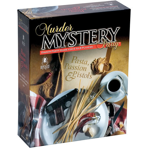 The packaging of the board game 'Pasta, Passion & Pistols' by University Games features a murder mystery dinner party theme. The box design displays intriguing items such as a pistol, pasta, and a coffee cup, hinting at the gameplay elements involved in this entertaining game for 6 to 8 players.