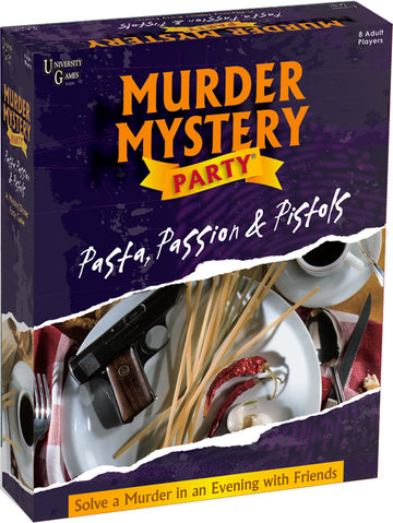 The box of the game 'Pasta, Passion & Pistols' by University Games. The design features a dark background with the title prominently displayed in bright yellow font. Surrounding graphics include a handgun and pasta on a plate, creating a mysterious and intriguing atmosphere. The box emphasizes it is a murder mystery party game for 8 adult players.
