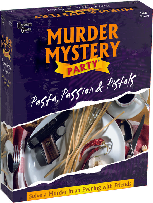The box of the game 'Pasta, Passion & Pistols' by University Games. The design features a dark background with the title prominently displayed in bright yellow font. Surrounding graphics include a handgun and pasta on a plate, creating a mysterious and intriguing atmosphere. The box emphasizes it is a murder mystery party game for 8 adult players.