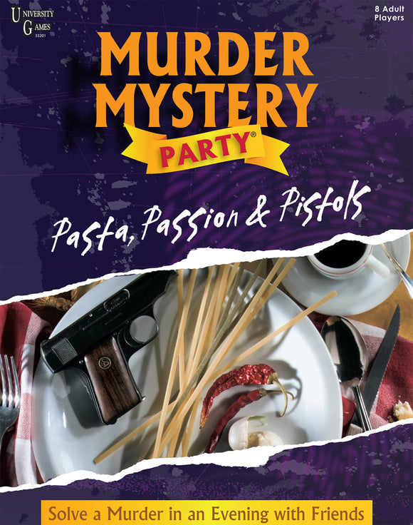 Murder Mystery Party game titled 'Pasta, Passion & Pistols' by University Games, featuring a gun, spaghetti, and various kitchen ingredients laid out on a table. Ideal for 8 adult players who enjoy solving mysteries together in a fun, themed atmosphere.