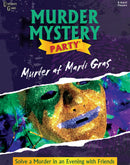 Murder at Mardi Gras game box featuring vibrant colors and a sparkling masquerade mask against a festive background. The title 'Murder at Mardi Gras' is prominently displayed, indicating an engaging murder mystery party experience. Ideal for 8 adult players, this game promises a thrilling evening of crime-solving fun with friends.
