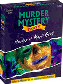 Murder at Mardi Gras game box by University Games featuring vibrant colors, a masquerade mask, and text inviting players to solve a murder mystery. The game is designed for 8 adult players and promises an entertaining evening filled with intrigue and excitement.