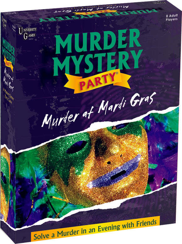 Murder at Mardi Gras game box by University Games featuring vibrant colors, a masquerade mask, and text inviting players to solve a murder mystery. The game is designed for 8 adult players and promises an entertaining evening filled with intrigue and excitement.
