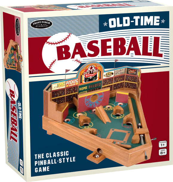 Vintage Baseball game by Front Porch Classics, featuring a classic pinball-style design. The game includes vibrant illustrations and components reminiscent of old-time baseball, suitable for players aged 8 and up. Perfect for family game nights, this interactive tabletop game brings excitement and nostalgia to any gathering.