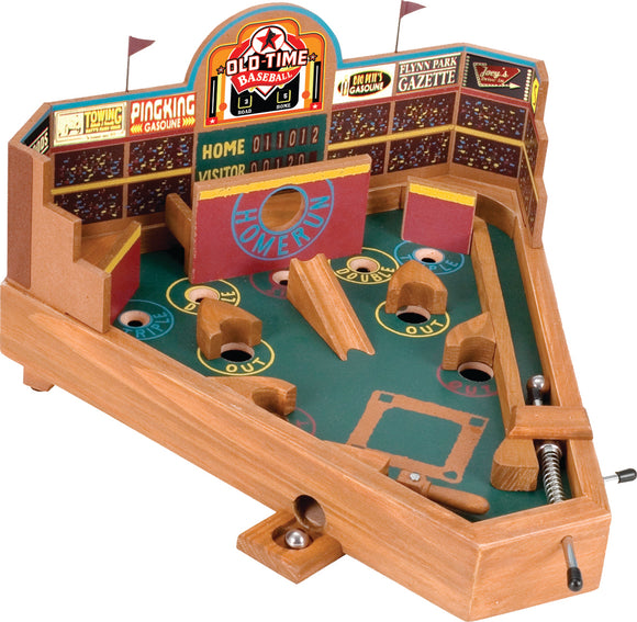 Vintage Baseball tabletop game by Front Porch Classics. The wooden game features a vibrant playing field with holes for scoring runs, a scoreboard, and a retro design, perfect for family fun and nostalgia.