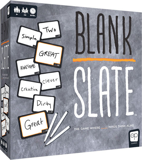 Box of the game 'Blank Slate' by USAopoly featuring intriguing prompts like 'Two', 'Great', and 'Awesome'. Designed for 3-8 players, it emphasizes creativity and word association for an engaging experience.
